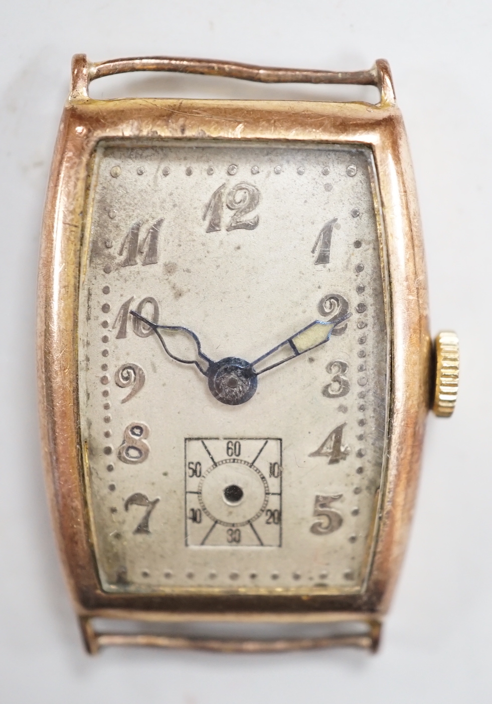 A gentleman's mid 1930's 9ct gold Omega manual wind wrist watch, with case back inscription, no strap (a.f.), movemnet c.20F.